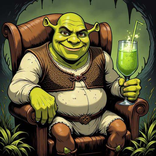 Comic illustration in TTCSV2.0 style of: Shrek sitting on a chair in his swamp,  Shrek smiles and looks at viewer directio...