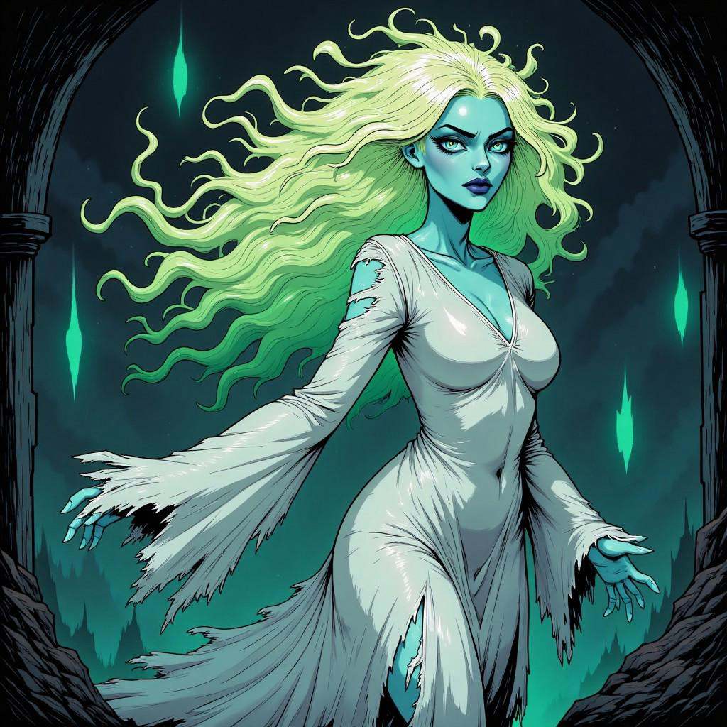 Comic illustration in TTCSV2.0 style of: a dark,  moody,  and ethereal hauntingly beautiful ghost woman. With a focus on v...