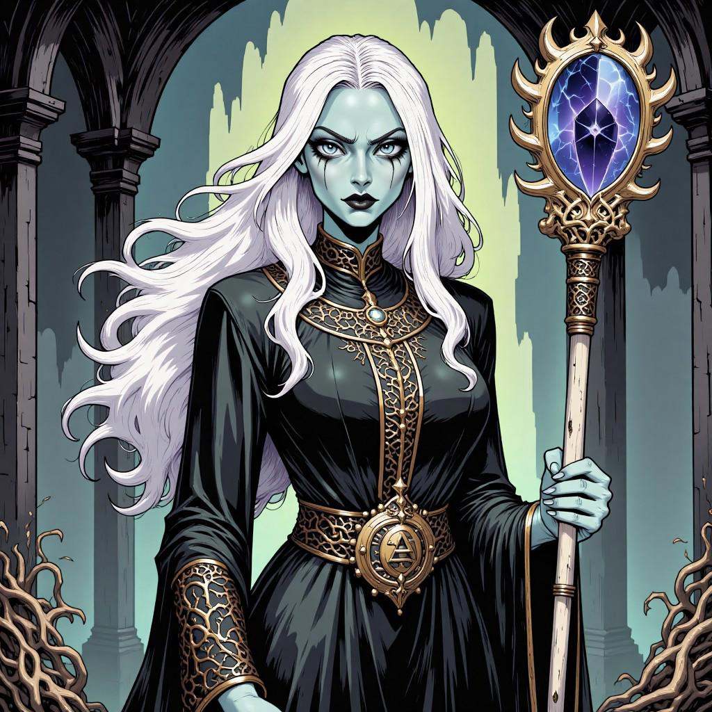 Comic illustration in TTCSV2.0 style of: A sorceress with immense knowledge of forbidden magic. Her appearance is eerie,...