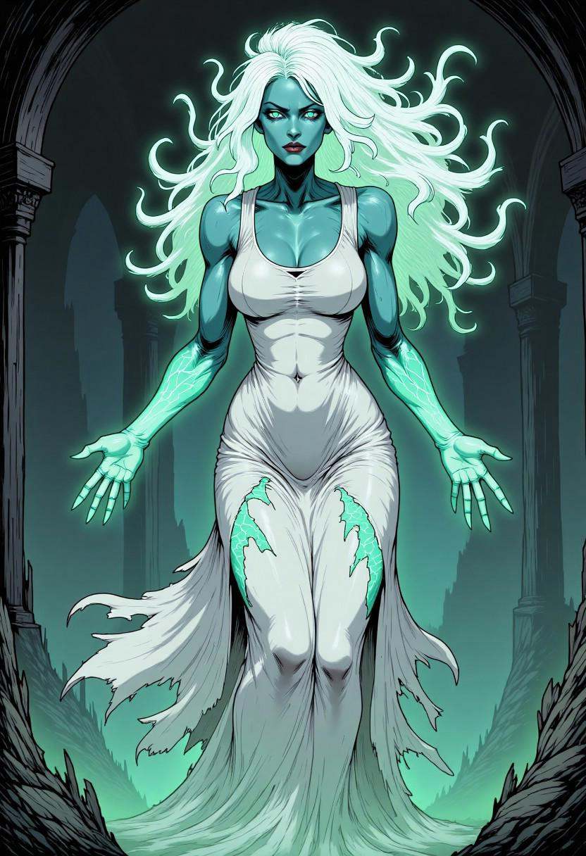 Comic illustration in TTCSV2.0 style of: a dark,  moody,  and ethereal hauntingly beautiful ghost woman. With a focus on v...