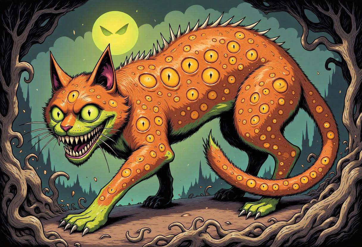 Comic illustration in TTCSV2.0 style of: A nightmarish,  otherworldly cat with a wide,  exaggerated grin filled with needl...