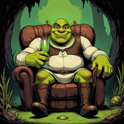 Comic illustration in TTCSV2.0 style of: Shrek sitting on a chair in his swamp,  Shrek smiles and looks at viewer directio...