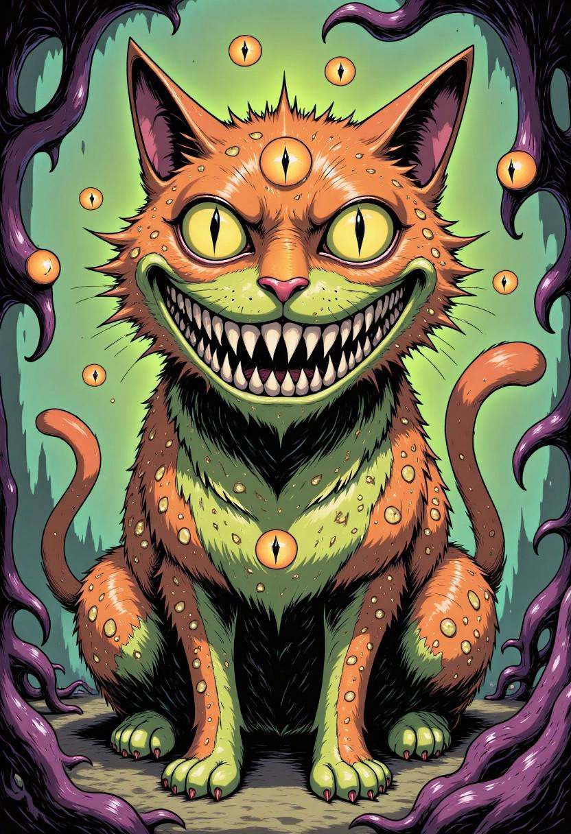 Comic illustration in TTCSV2.0 style of: A nightmarish,  otherworldly cat with a wide,  exaggerated grin filled with needl...