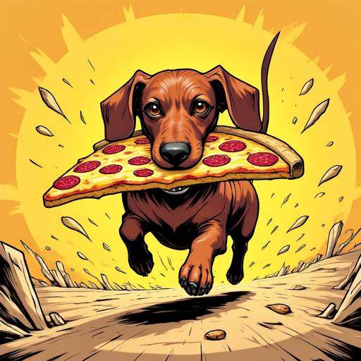 Comic illustration in TTCSV2.0 style of: a dachshund running away with a big slice of pizza in his mouth on Tensor.Art
