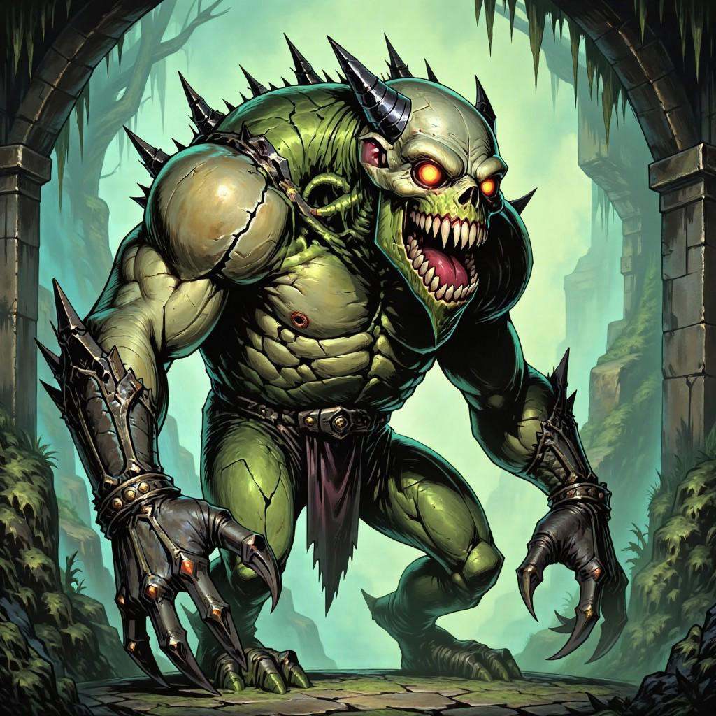 TARV3 style illustration that features hulking,  grotesque monster is a massive,  twisted amalgamation of stone on Tensor.Art