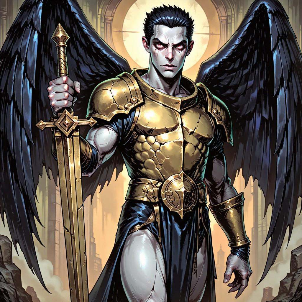 TARV3 style illustration that features A former angel cast down from the heavens for betraying their celestial order. Thei...