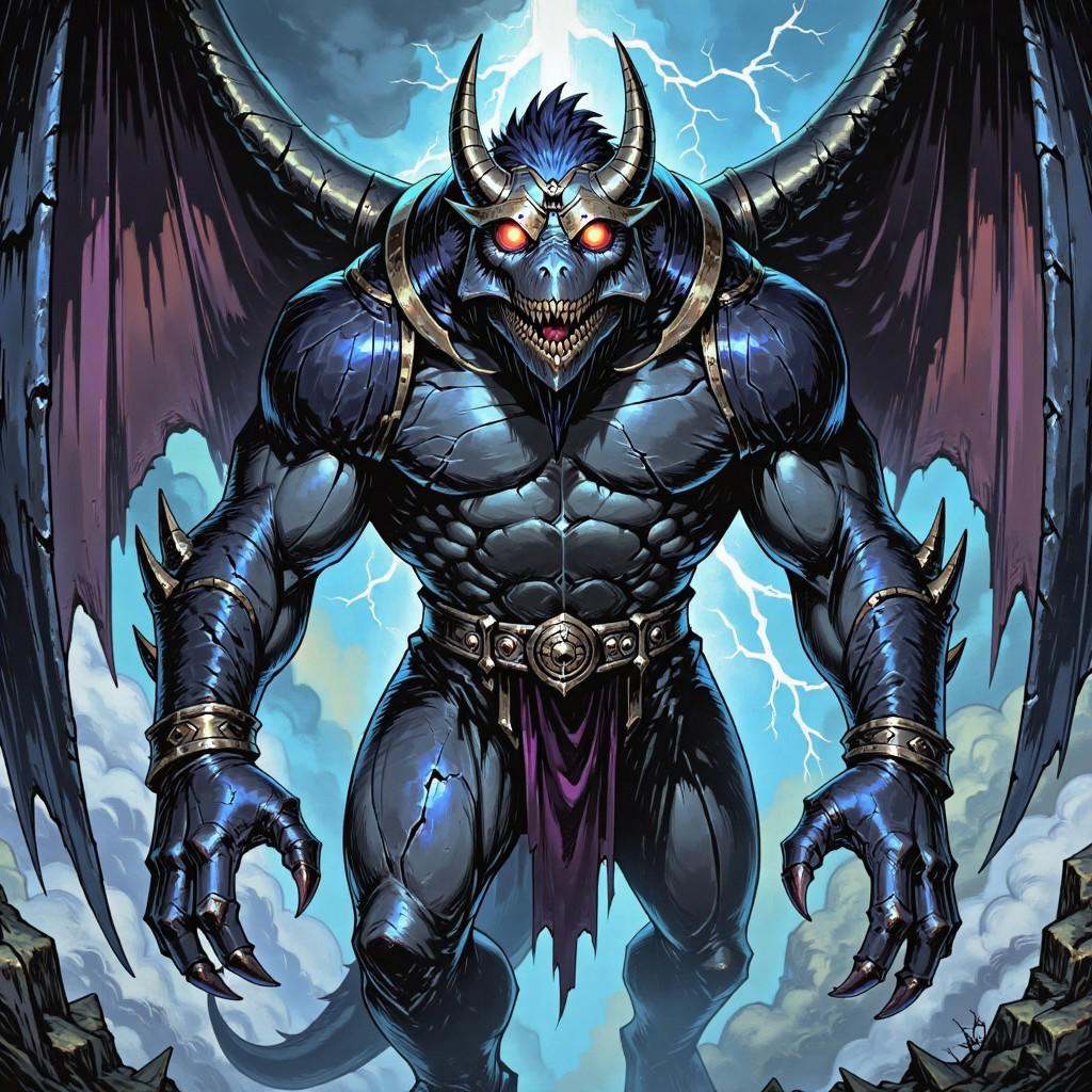 TARV3 style illustration that features A towering beast wrapped in living storm clouds,  the Storm Herald stands like a li...