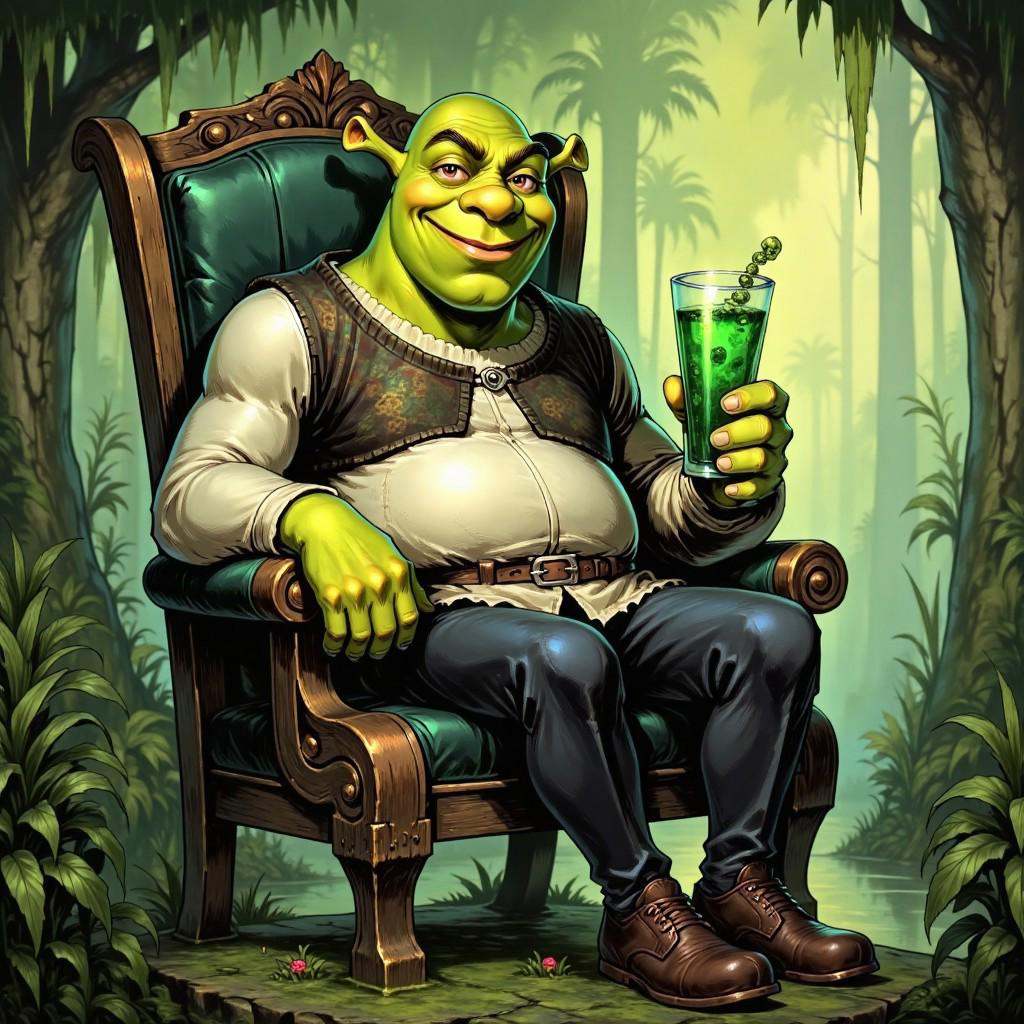 TARV3 style illustration that features Shrek sitting on a chair in his swamp,  Shrek smiles and looks at viewer direction,...