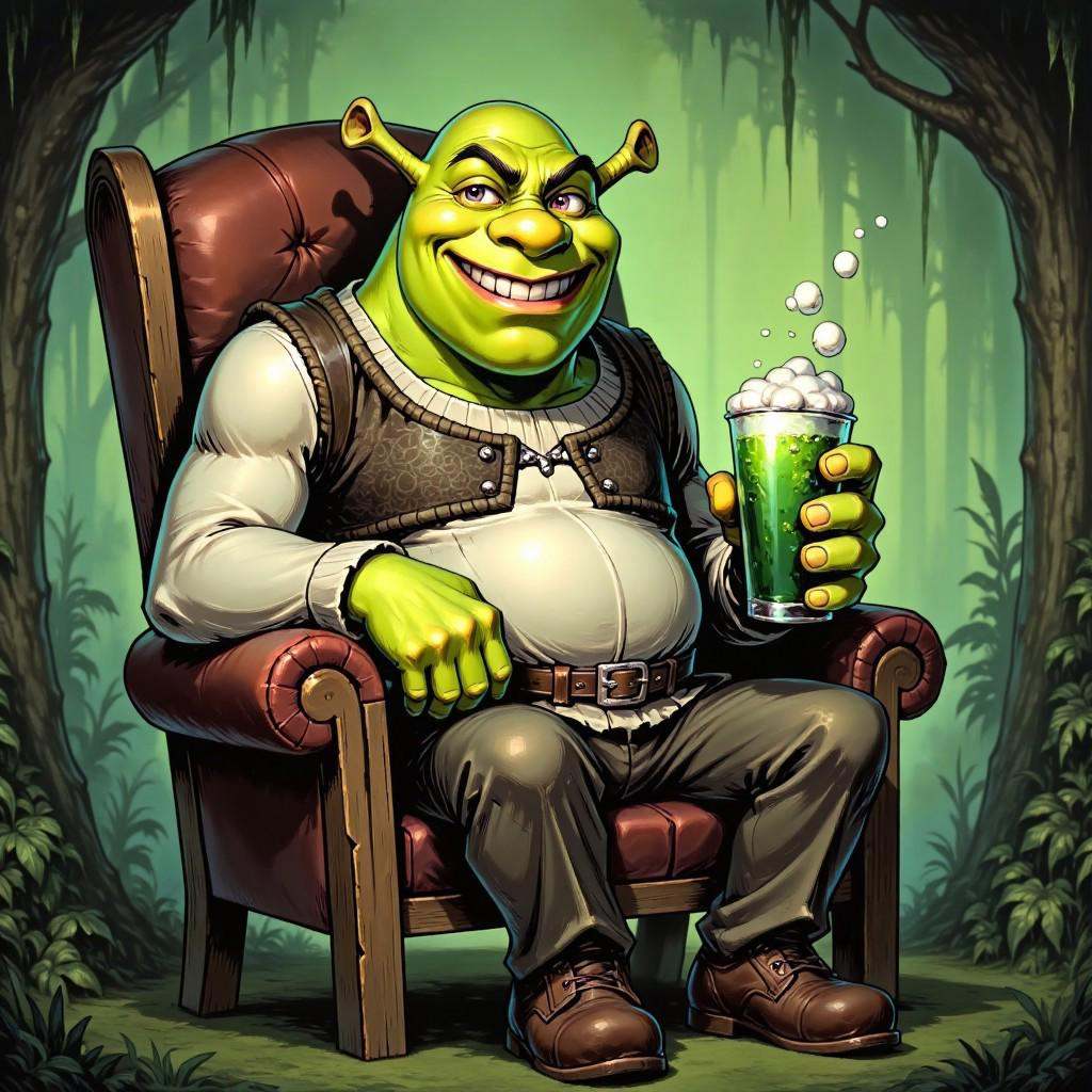 TARV3 style illustration that features Shrek sitting on a chair in his swamp,  Shrek smiles and looks at viewer direction,...