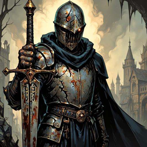 Illustration in TARV3 style that features: A knight who has long since abandoned their code of honor. Their once-glorious...