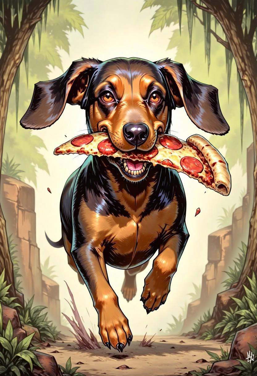 TARV3 style illustration that features a dachshund running away with a big slice of pizza in his mouth on Tensor.Art
