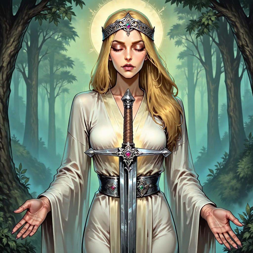 TARV3 style illustration that features a woman,  an embodiment of grace and divinity,  holds a long on Tensor.Art