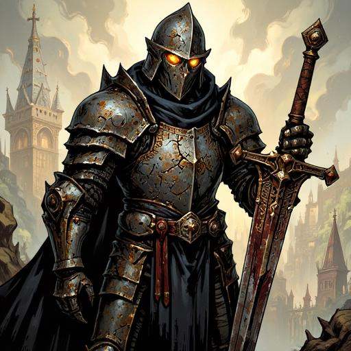 Illustration in TARV3 style that features: A knight who has long since abandoned their code of honor. Their once-glorious...