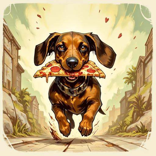 Illustration in TARV3 style that features: a dachshund running away with a big slice of pizza in his mouth on Tensor.Art
