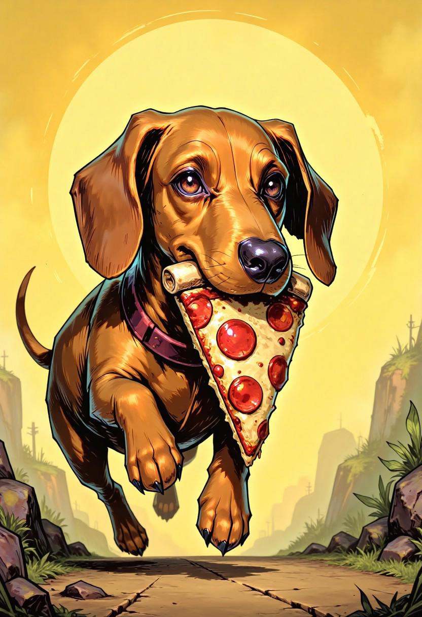 TARV3 style illustration that features a dachshund running away with a big slice of pizza in his mouth on Tensor.Art