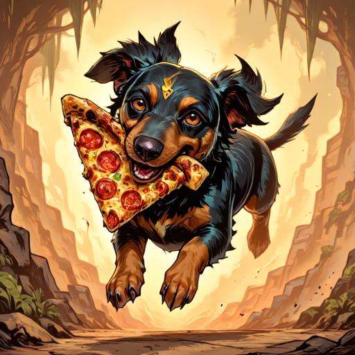 Illustration in TARV3 style that features: a dachshund running away with a big slice of pizza in his mouth on Tensor.Art