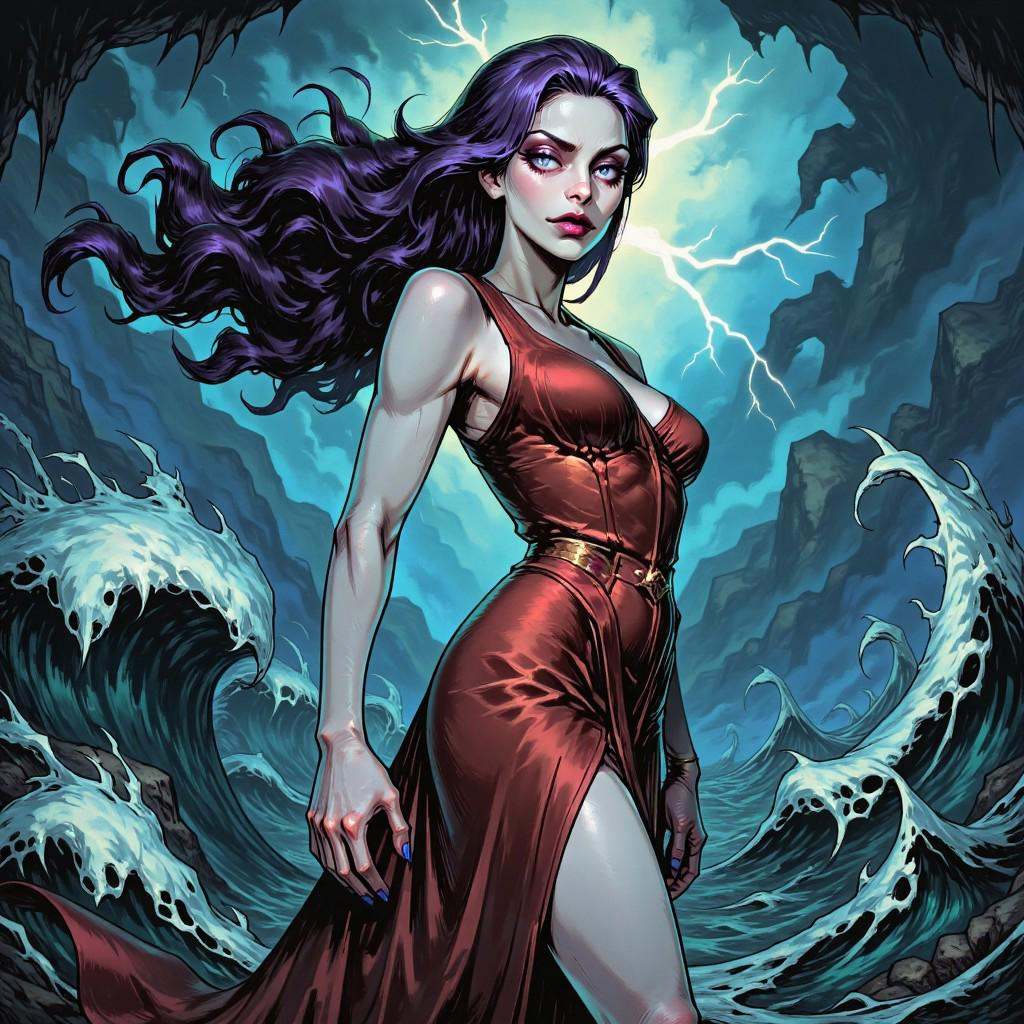 TARV3 style illustration that features a captivating siren,  her form outlined against a stormy sea. Her hair,  the colour...