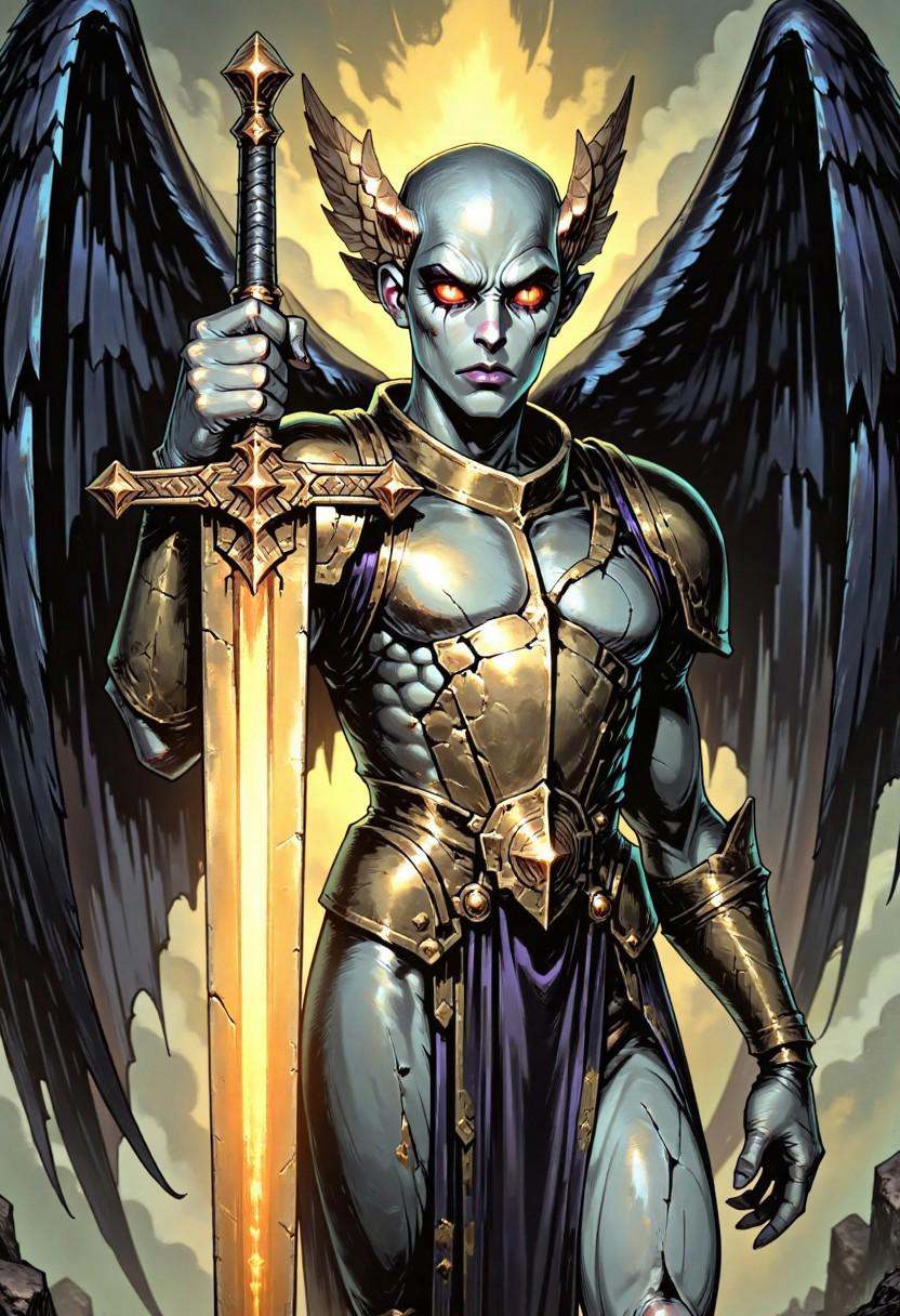 TARV3 style illustration that features A former angel cast down from the heavens for betraying their celestial order. Thei...