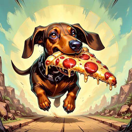 TARV3a style illustration that features a dachshund running away with a big slice of pizza in his mouth on Tensor.Art