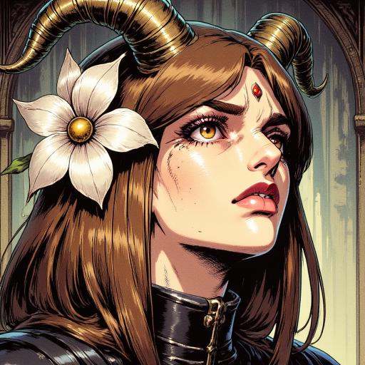 Illustration in TARV4 style that features a young woman with a fantastical,  medieval aesthetic. She has fair,  smooth ski...
