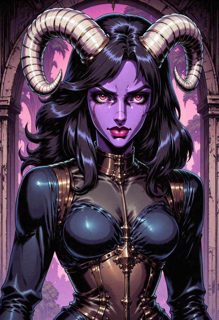 Illustration in TARV4 style that features a dark,  purple skinned succubus,  a female demon wearing a victorian-goth style...