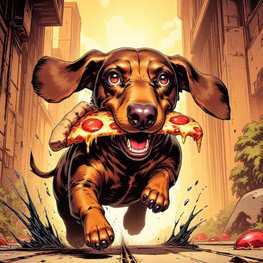 Illustration in TARV4 style that features a dachshund running away with a big slice of pizza in his mouth on Tensor.Art