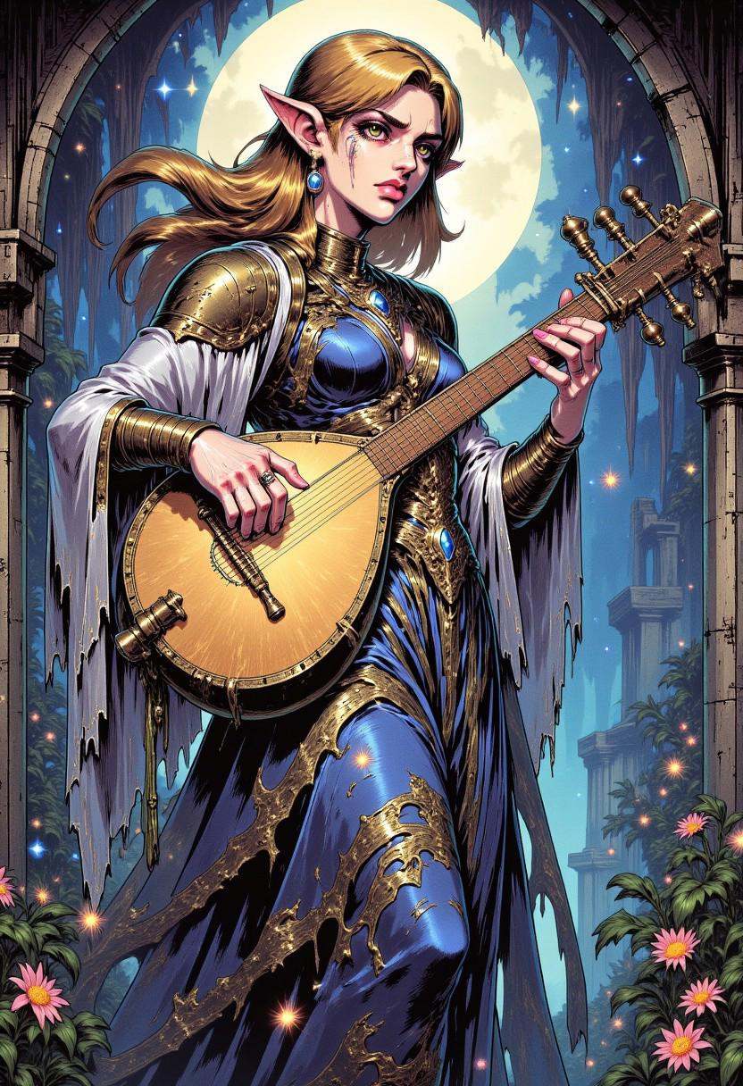 Illustration in TARV4 style that features female elf bard,  radiating elegance,  charm on Tensor.Art