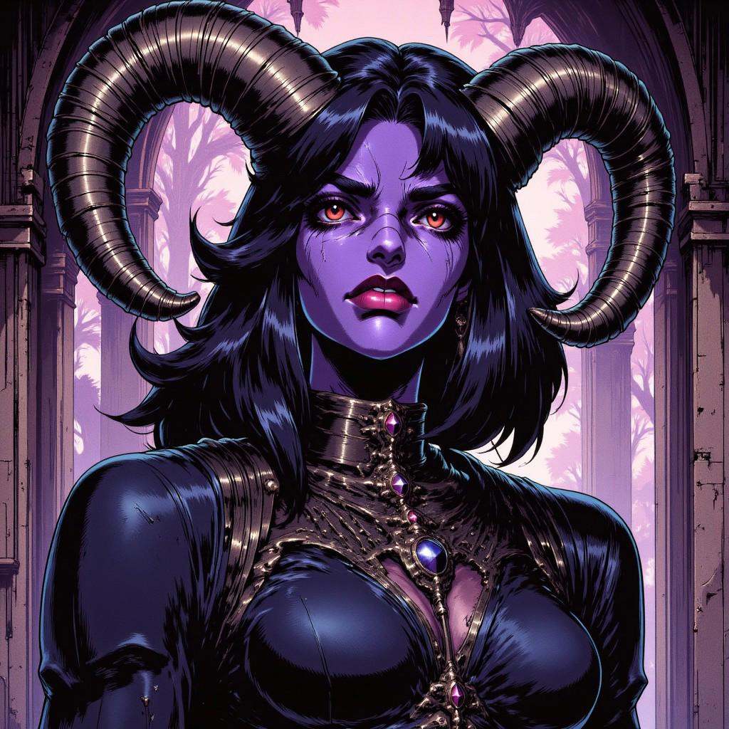Illustration in TARV4 style that features a dark,  purple skinned succubus,  a female demon wearing a victorian-goth style...