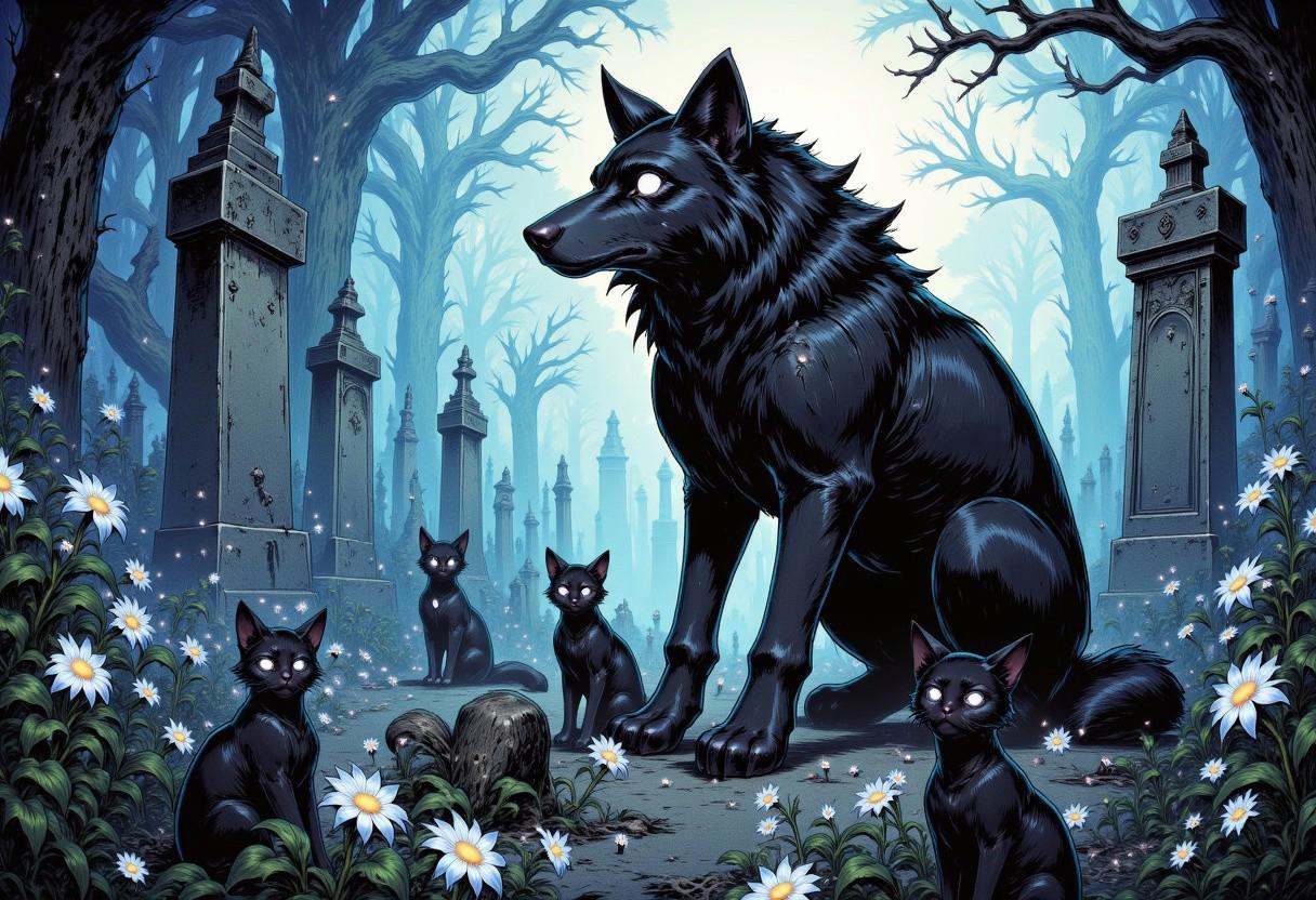 Illustration in TARV4 style that features fog covered graveyard,  graveyard is full of white flowers that raise above fog...