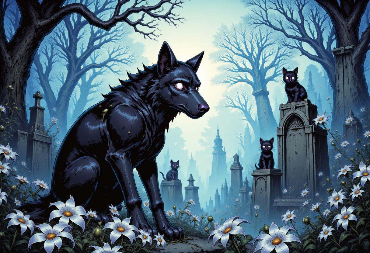 Illustration in TARV4 style that features fog covered graveyard,  graveyard is full of white flowers that raise above fog...