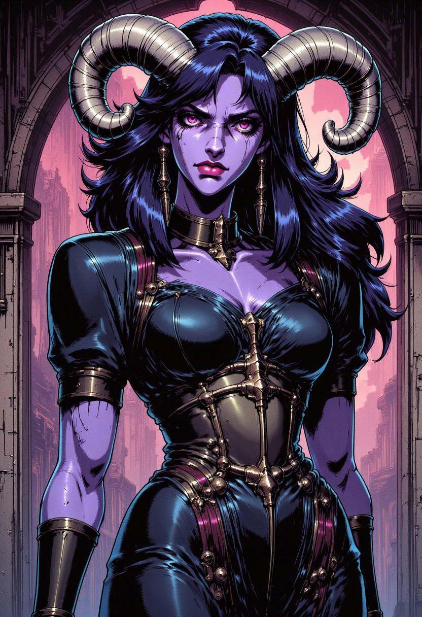 Illustration in TARV4 style that features a dark,  purple skinned succubus,  a female demon wearing a victorian-goth style...