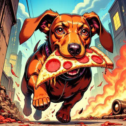 Illustration in TARV4 style that features a dachshund running away with a big slice of pizza in his mouth on Tensor.Art
