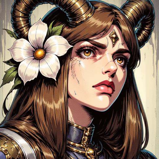Illustration in TARV4 style that features a young woman with a fantastical,  medieval aesthetic. She has fair,  smooth ski...
