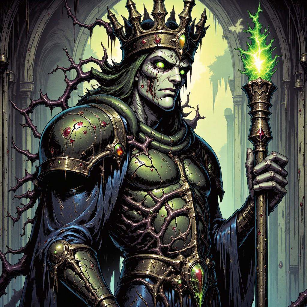 Illustration in TARV4 style that features A once-powerful monarch whose kingdom fell to a plague of darkness. His once reg...