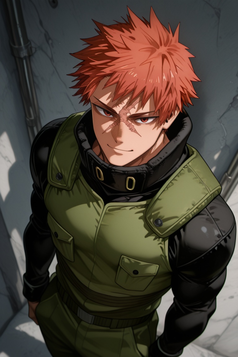 Toshitsugu Kudo-1male focus,  orange_Toshitsugu Kudo_hair,  red_Toshitsugu Kudo_eyes on Tensor.Art
