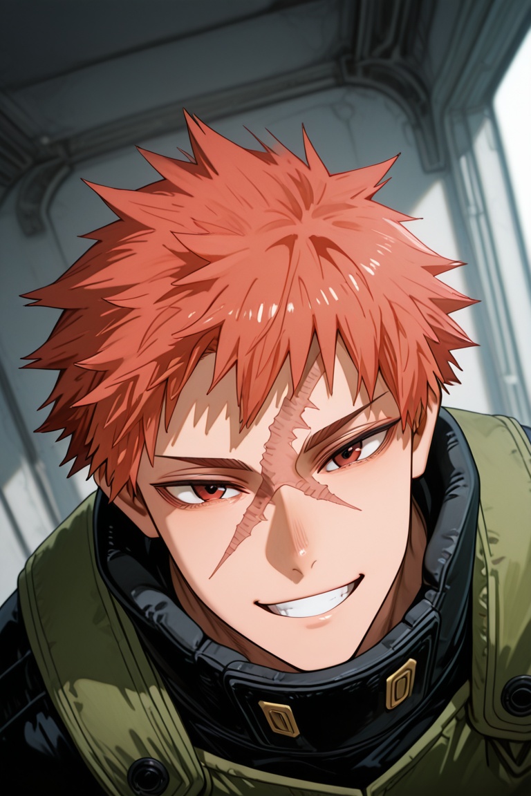 Toshitsugu Kudo-1male focus,  orange_Toshitsugu Kudo_hair,  red_Toshitsugu Kudo_eyes on Tensor.Art