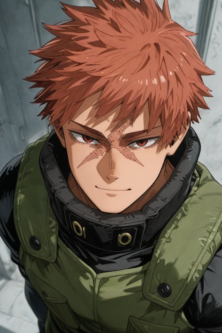 Toshitsugu Kudo-1male focus,  orange_Toshitsugu Kudo_hair,  red_Toshitsugu Kudo_eyes on Tensor.Art