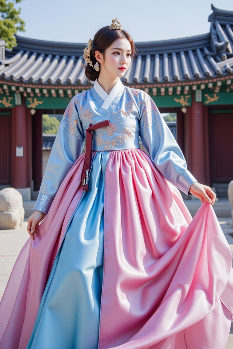 "A graceful woman in a vibrant traditional hanbok standing in front of the majestic Gyeongbokgung Palace. Her hanbok,  a r...