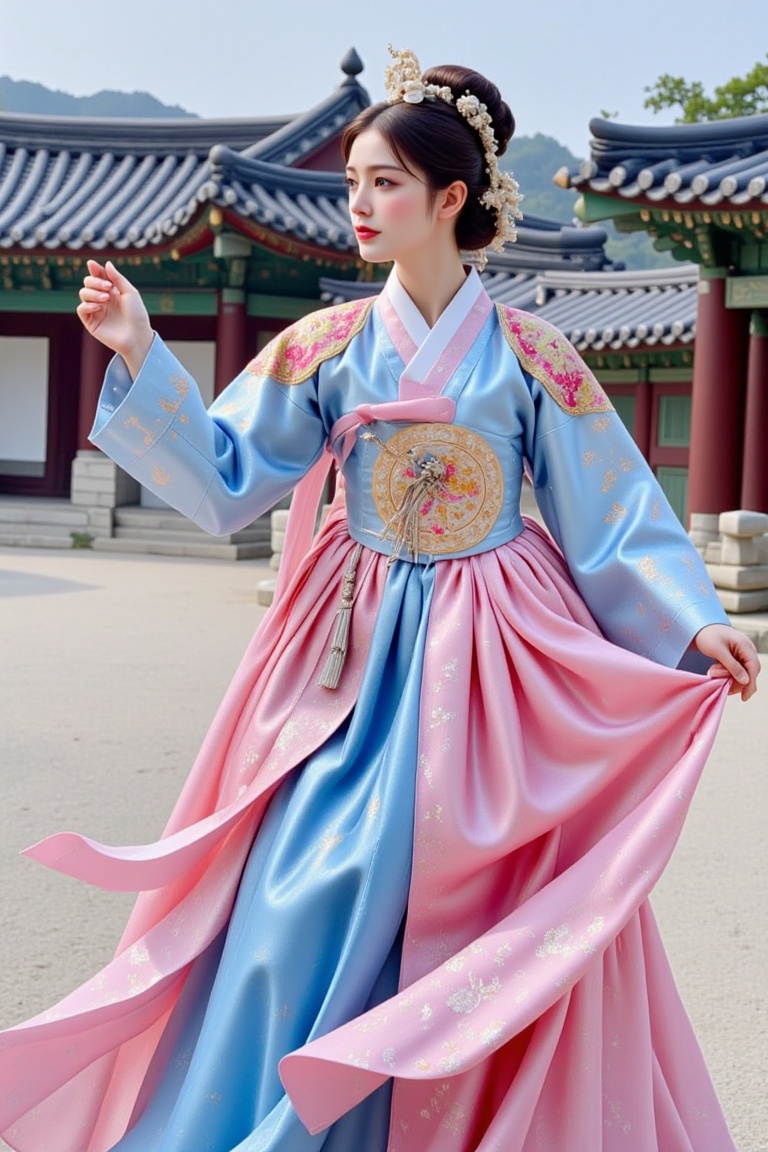 "A graceful woman in a vibrant traditional hanbok standing in front of the majestic Gyeongbokgung Palace. Her hanbok,  a r...