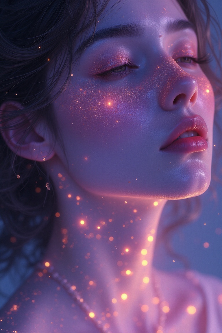 A woman with ethereal glow (1.8) skin,  her hair dissolving into luminescent haze (1.7) stardust. Subsurface scattering (1...