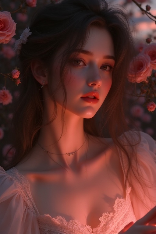 A breathtaking portrait of a young woman with glowing softly against a . **,  ,  and merge in this scene. blends into on T...