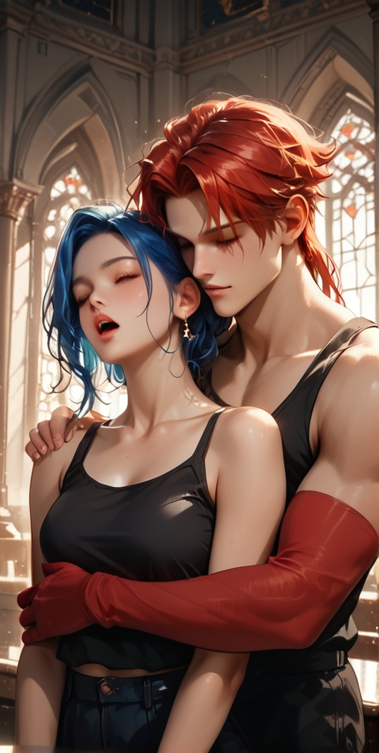 The image shows a man and a woman in a romantic embrace. The man is wearing a black **** top and red gloves,  while the wo...