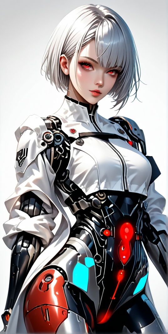 futuristic female cyborg with silver short hair,  wearing a white coat,  showing robotic body and leg on Tensor.Art
