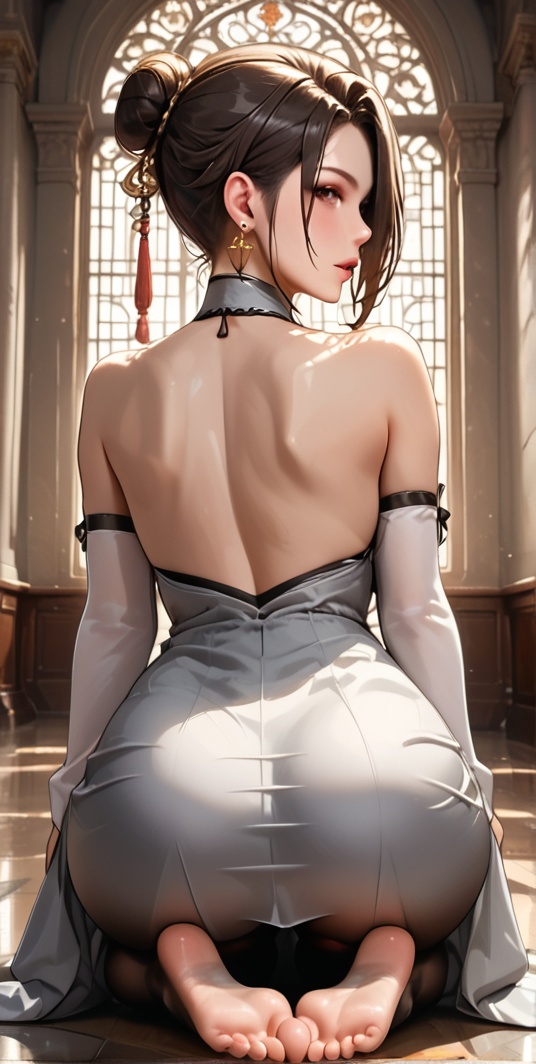 She kneels upon a low lacquered bench,  her body a study in poised temptation—the curve of her spine like a calligrapher’s...