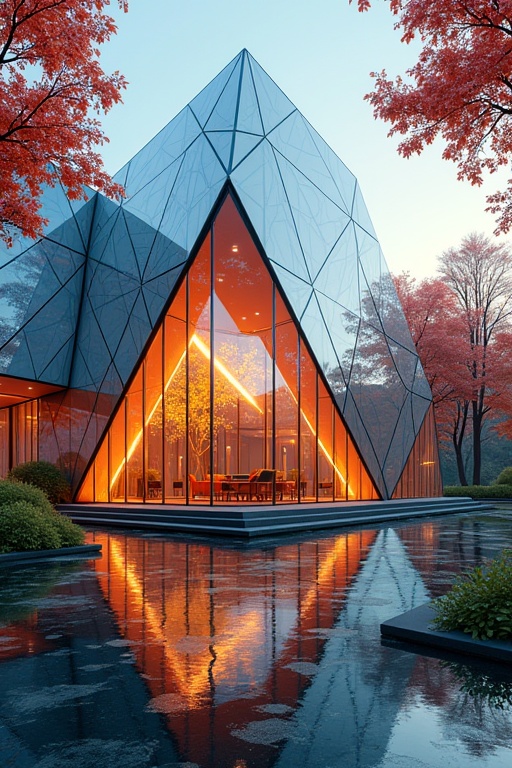 . Create a glass house inspired by kaleidoscopes,  featuring multifaceted glass panels that manipulate light and create dy...