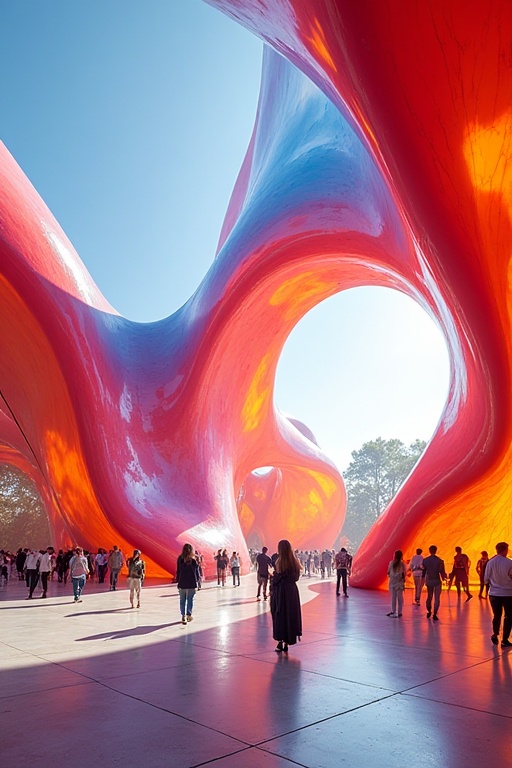 . Focus on the interplay of color and light,  capturing the pavilion's vibrant atmosphere.,  Biomimicry Architecture on Te...