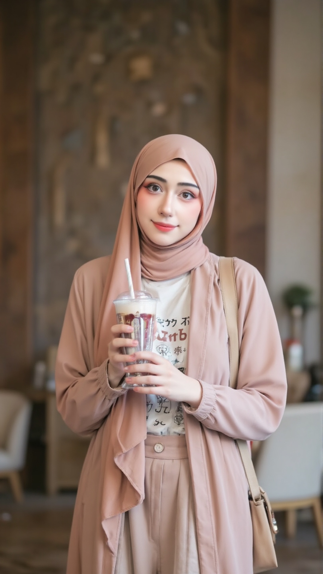 a portrait of a young woman wearing a light brown hijab. She is standing in front of a luxurious brown and white wall back...