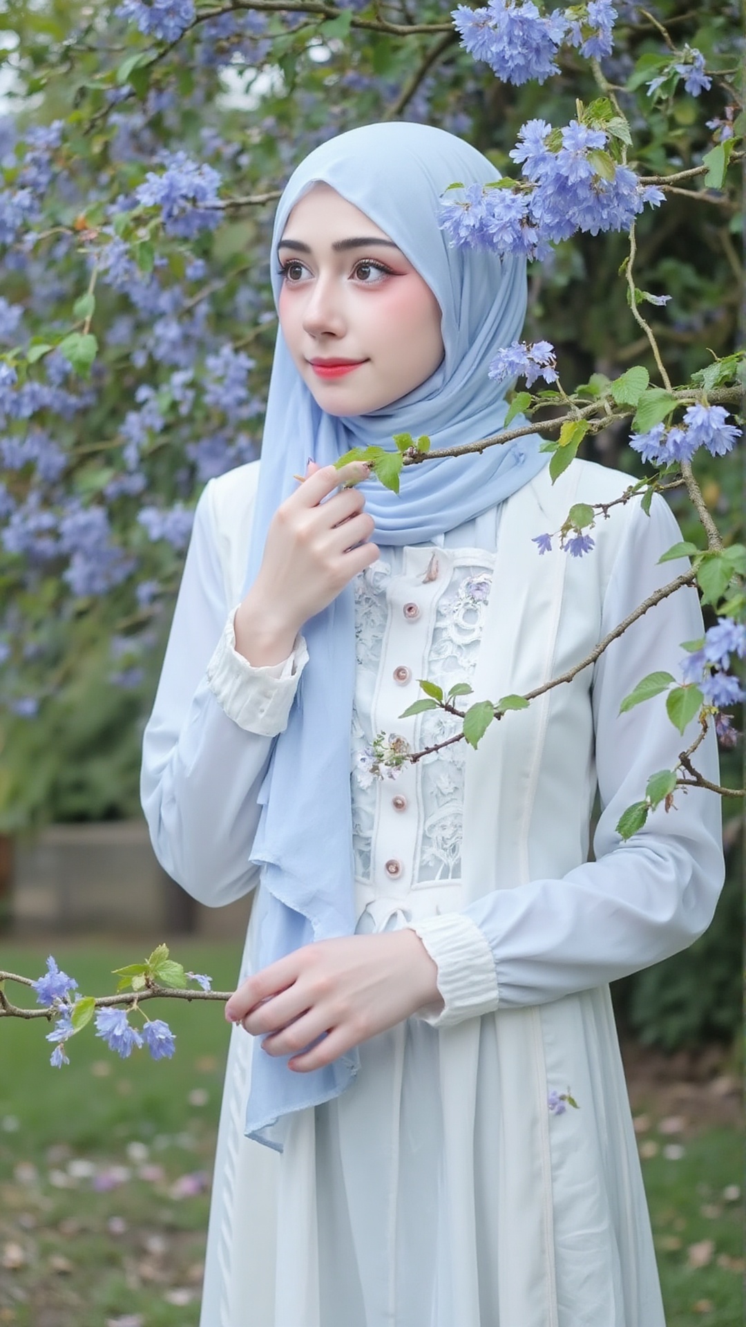 Beautiful girl,  in a flower garden,  light blue flowers on Tensor.Art