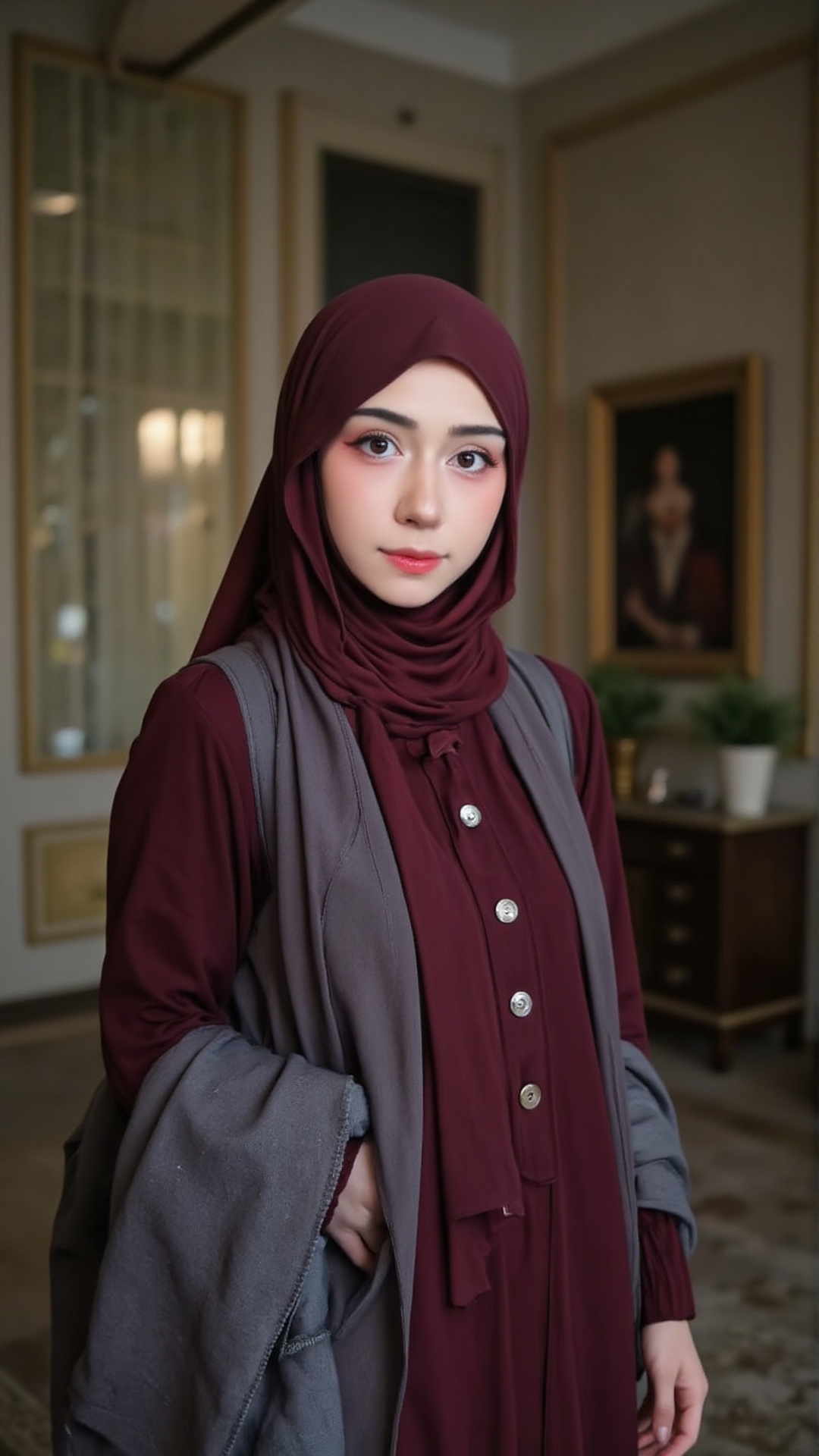 A woman wearing a hijab with a maroon hijab covers the chest and matching clothes,  standing leaning on. gives a modern an...