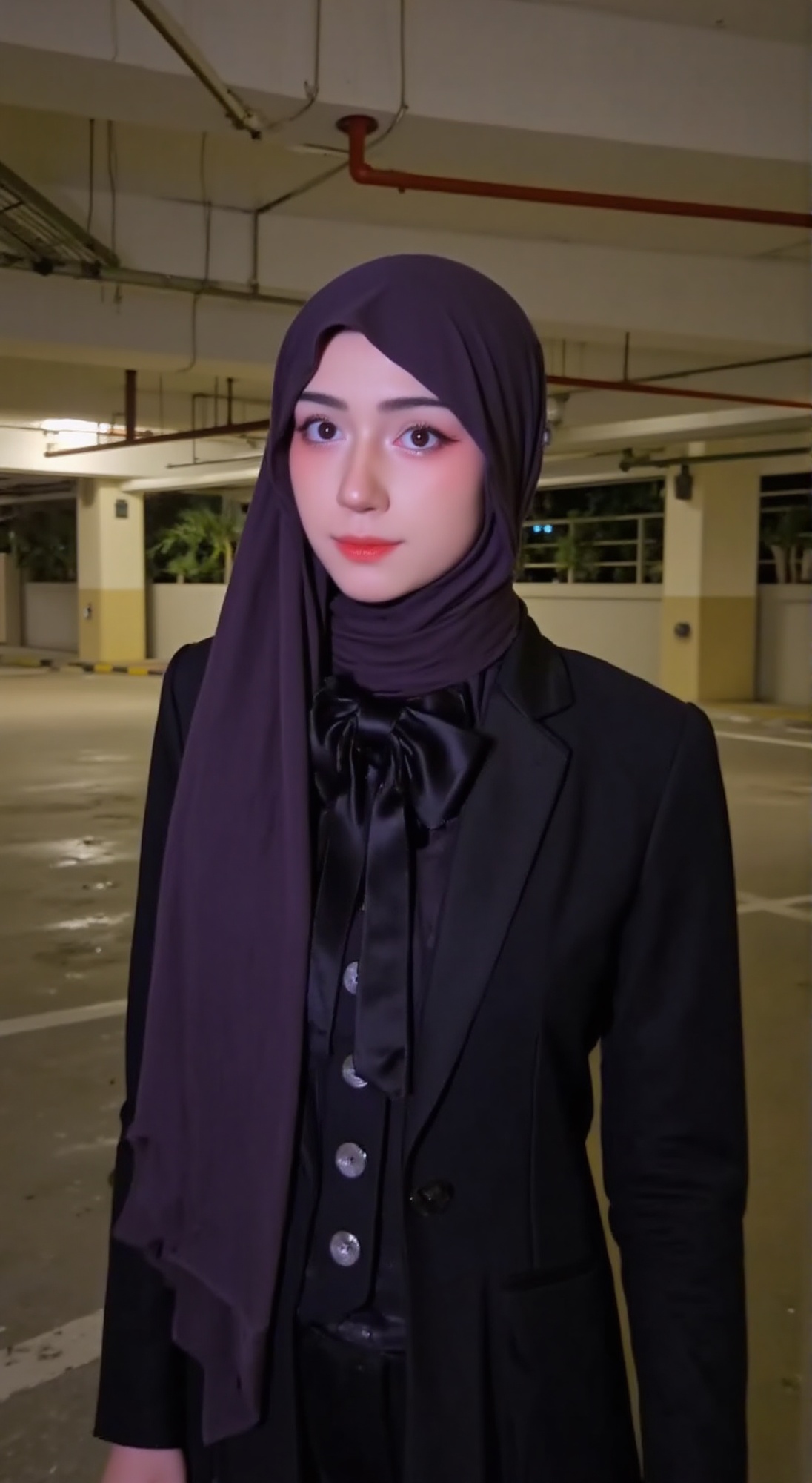 The image shows a person wearing a dark purple hijab and a black blazer with a large bow at the neckline. The individual i...